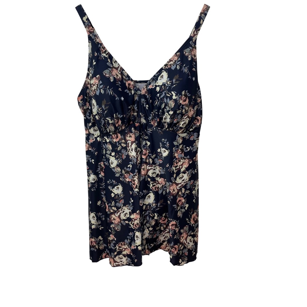 Perona Womens Plus Size 22W Floral Swimdress Navy Blue V-Neck One Piece Swimsuit